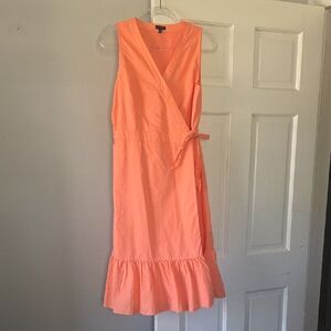 Talbots Cotton Petite 10P Coral Sleeveless Wrap Dress w Tie Waist & Ruffle Hem
